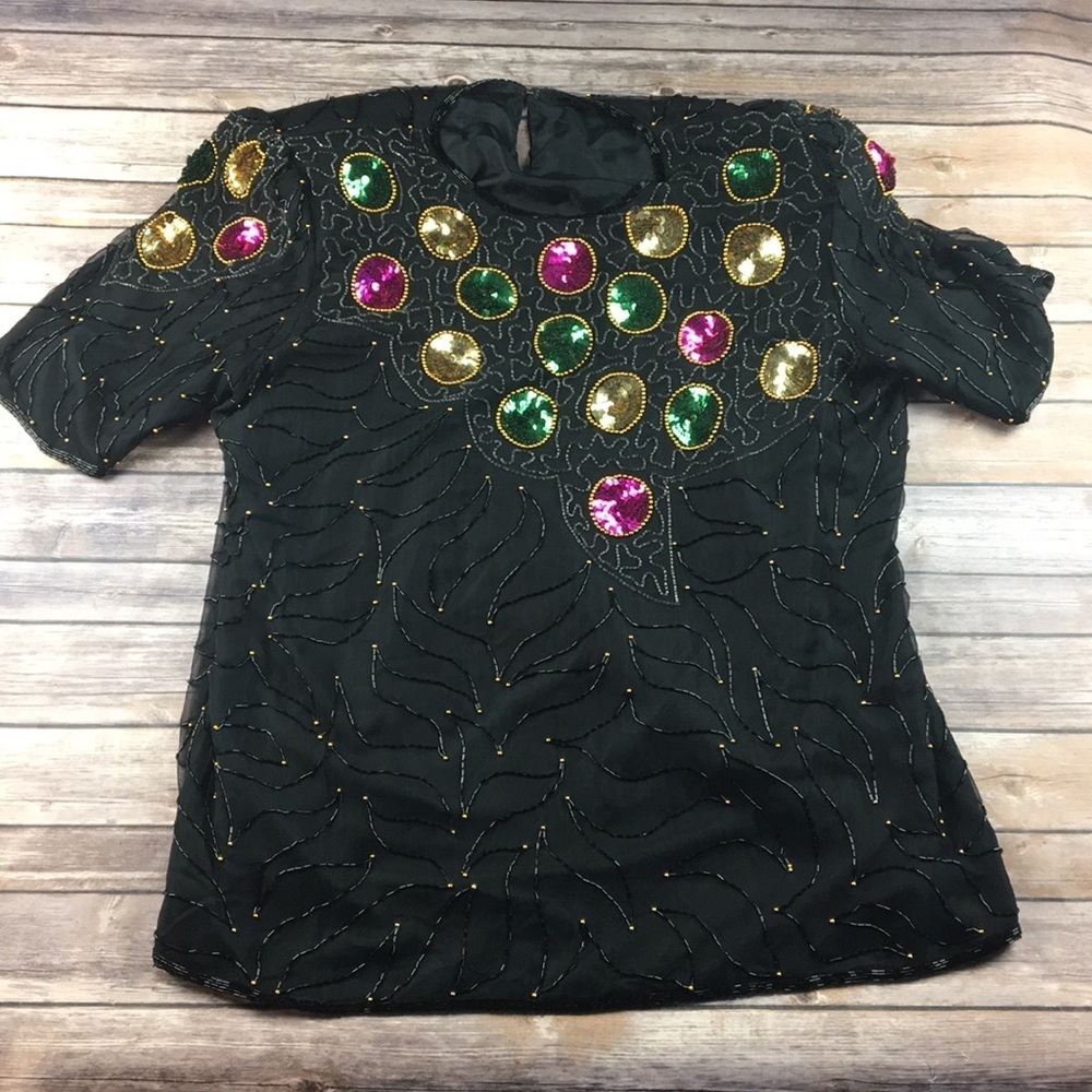 80s VINTAGE FUNKY CIRCLE BEADED & SEQUIN JAZZY BLOUSE